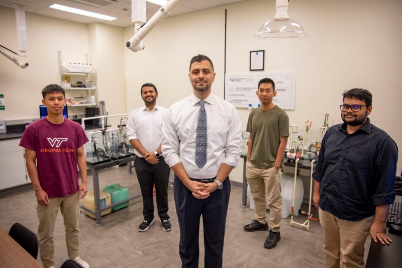 The ACWA Team (from left): Justice Lin, Ajay Kulkarni, Feras A. Batarseh, Chhayly Sreng, and Siam Maksud. (Not pictured, Reilly Oare). Photo by Tim Skiles for Virginia Tech.