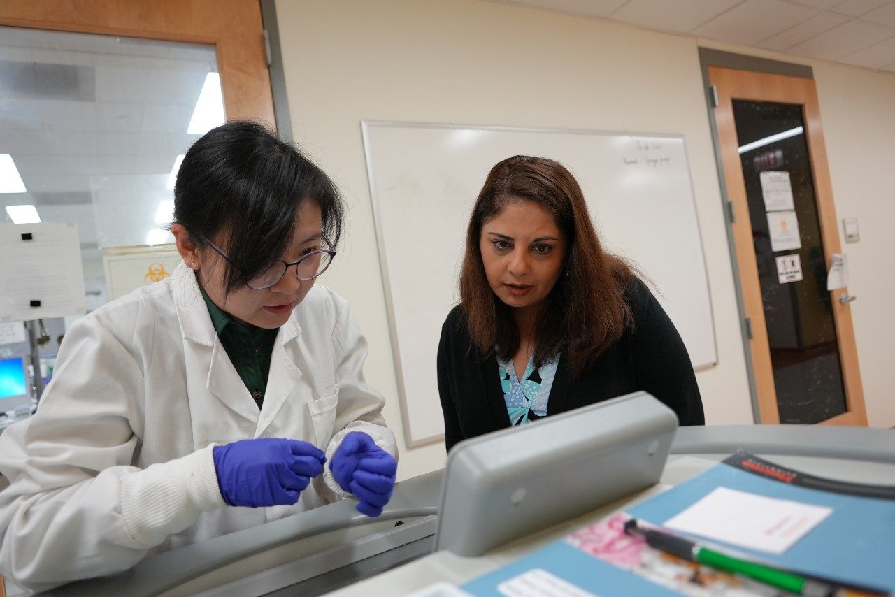 Bahareh Behkam collaborates with graduate student Ying Zhan in the Micro/NanoScale Biotic/Abiotic Systems Engineering Laboratory. 