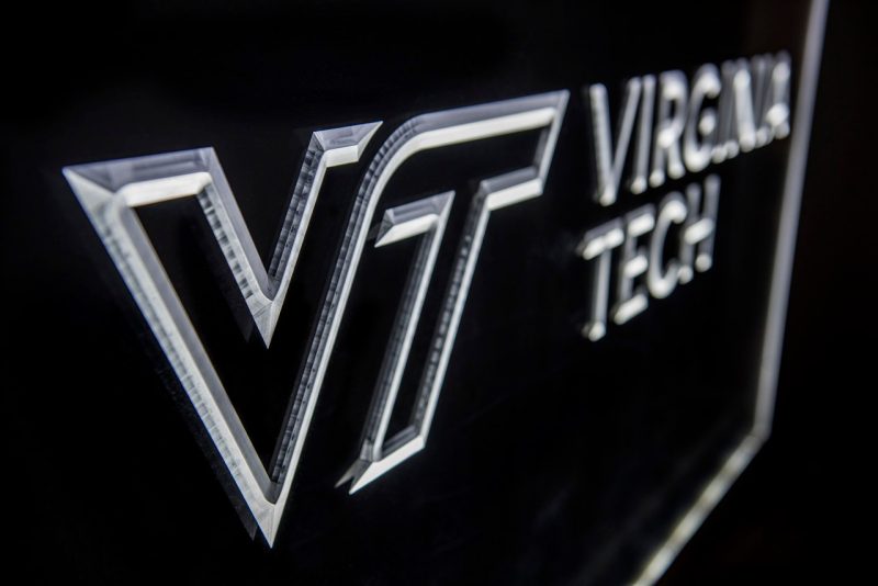 Black and white Virginia Tech sign with Virginia Tech logo