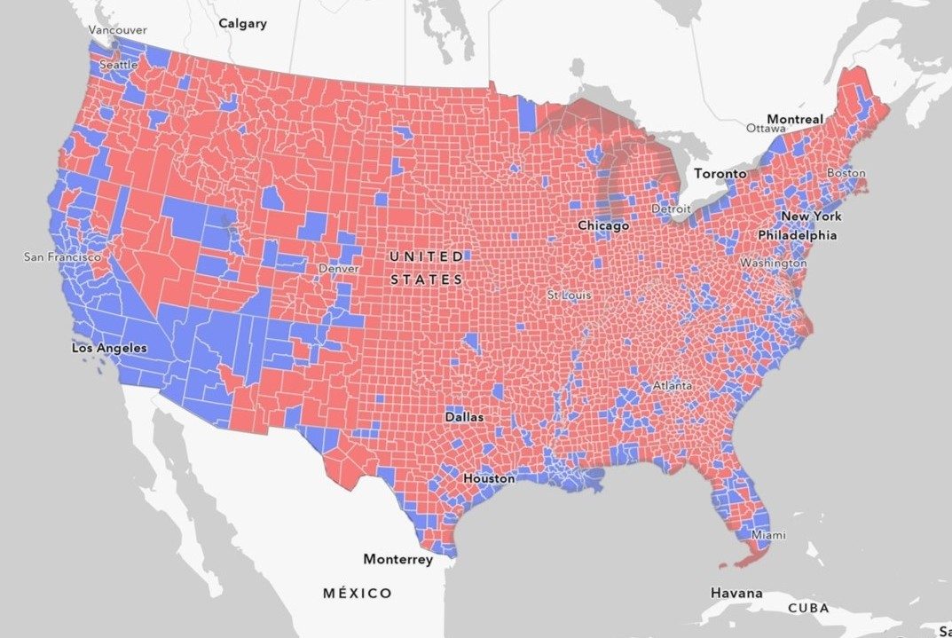 A U.S. map shows counties where residents could (blue) or could not (pink) receive local-specific information about environmental justice issues. 