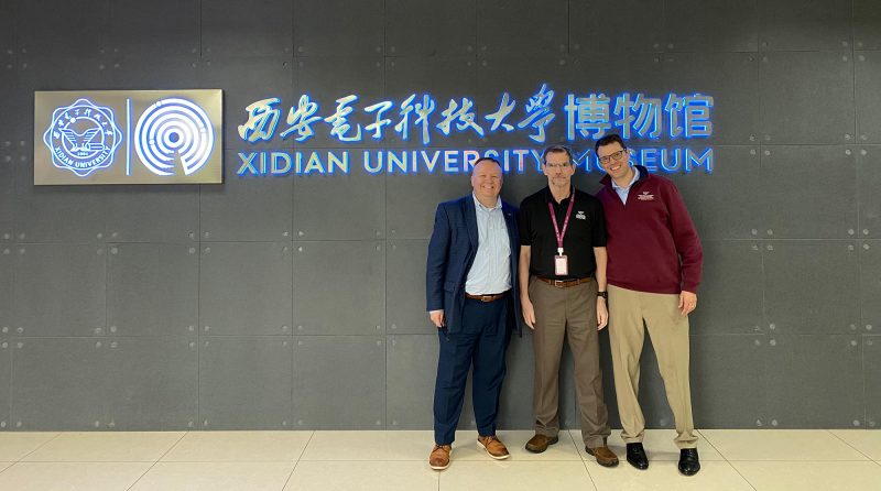 (From left) Management professors Ron Poff, Don Hatfield, and ACIS professor Gregory Kogan at the Xidian University Museum in Xi'an, China. Photo courtesy of Jennifer Clevenger.