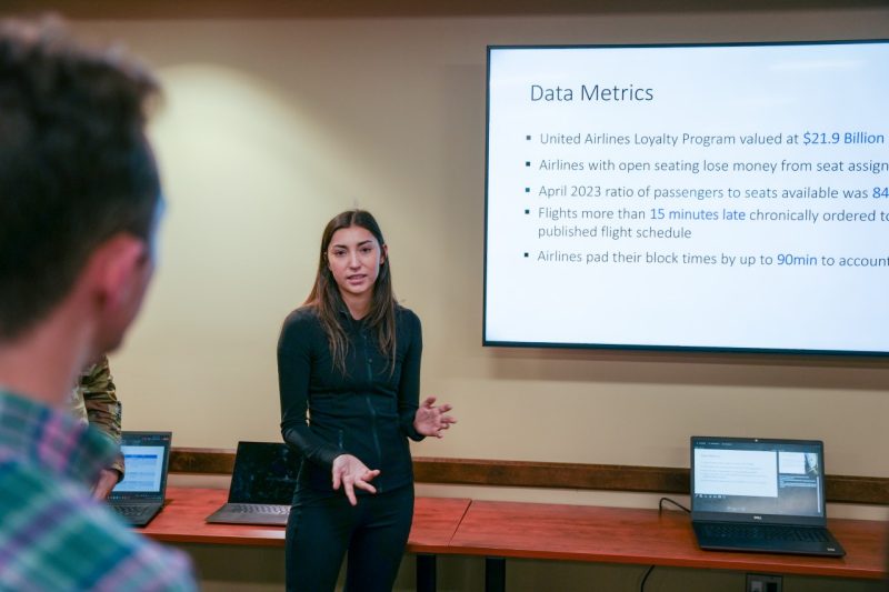 A student stands in front of a screen that explains her team project's data metrics