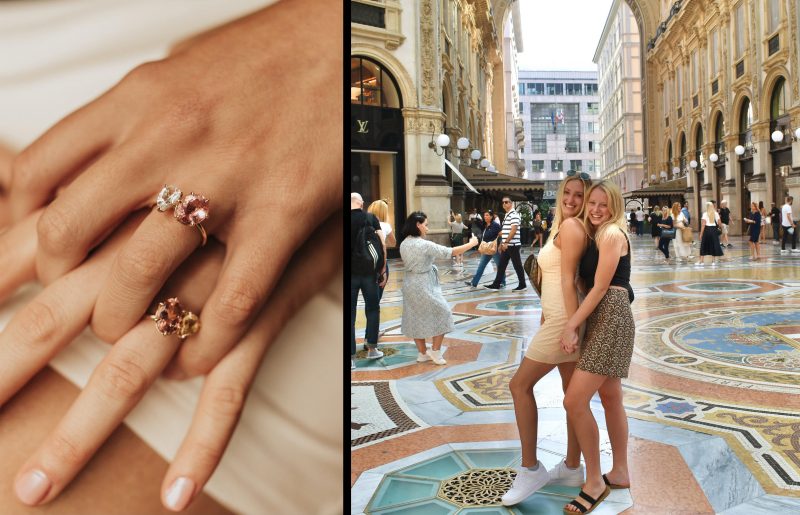 Two pictures side by side. On the left, two hands clasp displaying two similar engagement rings.. On the right: Warburton and Skarkas pose in Milan's historic Galleria. 