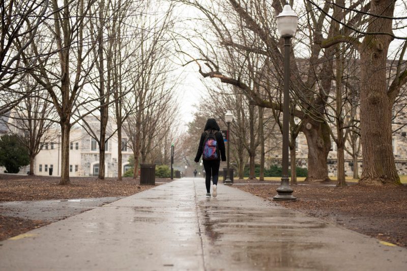 student walking on rainy day