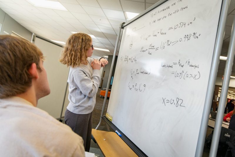 Two students study math at the library using a large rolling whiteboard. One student stands at the board while the other sits in the foreground, both looking intently at complex math problems on the board.