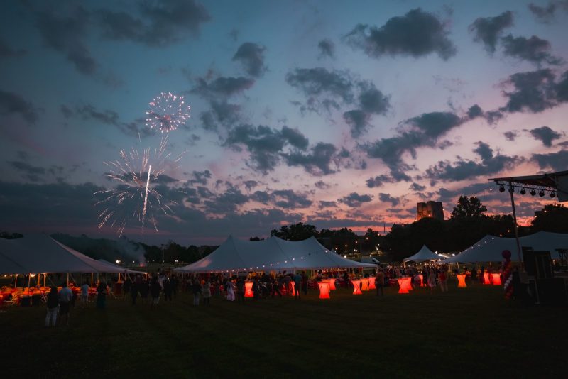 Fireworks over the Drillfield at sunset during Alumni Weekend's dinner on the Drillfield