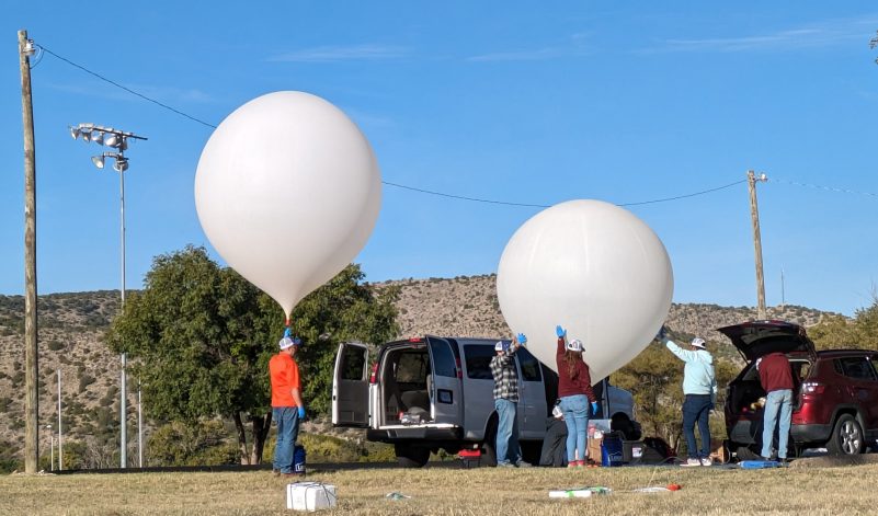 During the October 2023 eclipse, the Virginia Tech National Eclipse Ballooning Project team was stationed in Roswell, New Mexico. They launched two scientific balloons. The first balloon launched included a flight string full of Virginia Tech student-built payloads. The second flight string launched included the NASA project payloads. Photo by Virginia Tech.