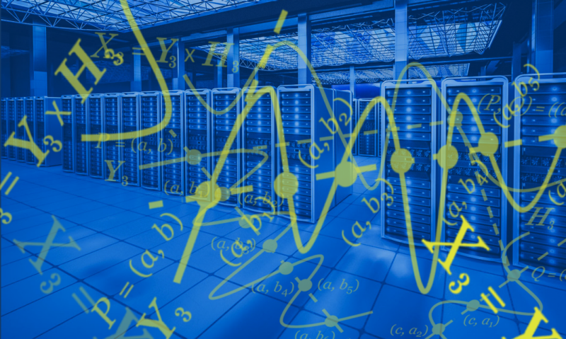 Data storage center with lots of shiny servers, overlaid with equations in yellow