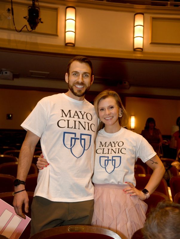 Erika Robertson and her husband sport Mayo Clinic t-shirts.