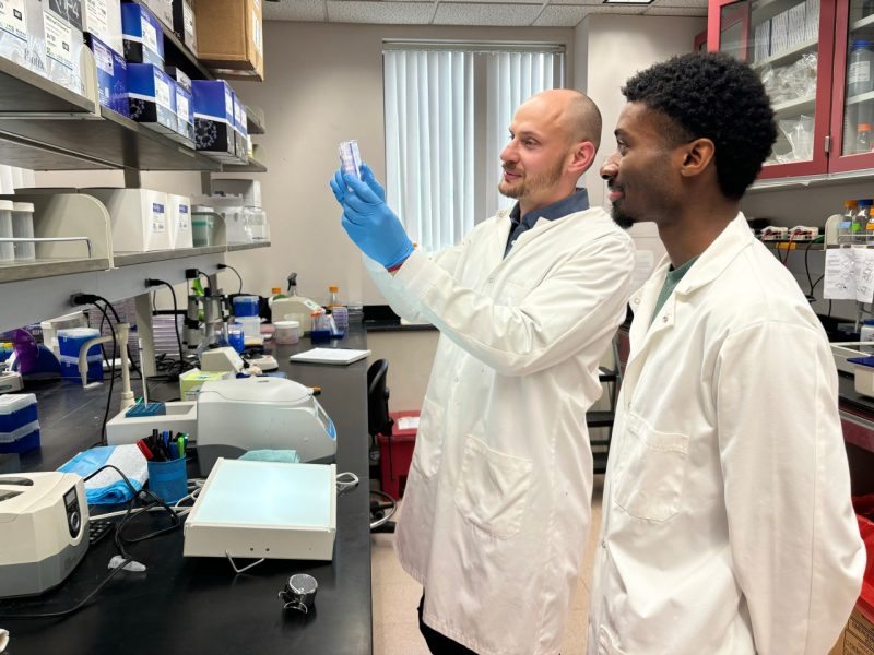 Two men study an object in a lab.