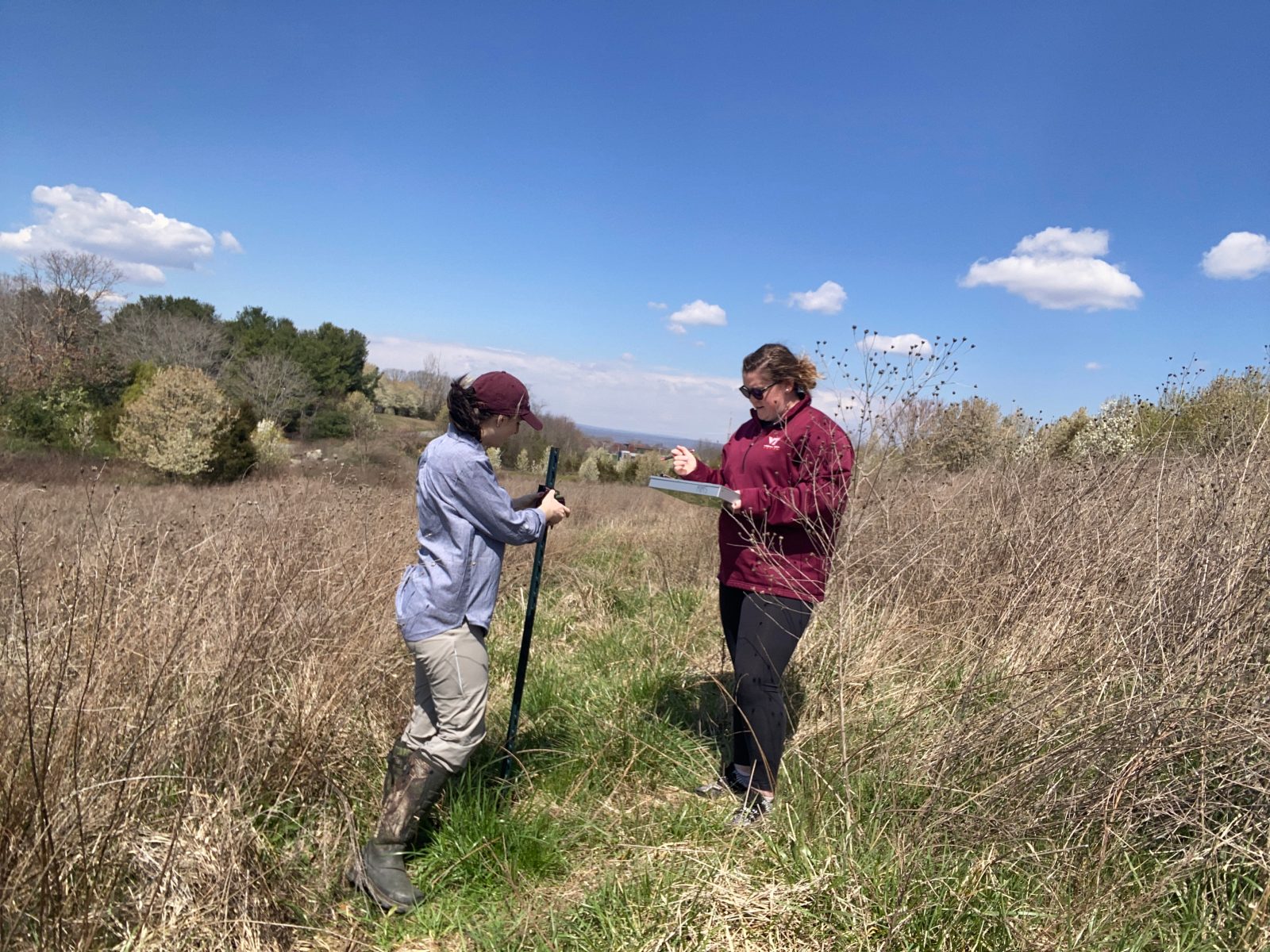 (From left) Gabrielle Ripa and Grace O’Malley check on one of their recording devices that is gathering acoustic data in various ecosystems around the Town of Blacksburg and surrounding areas.
