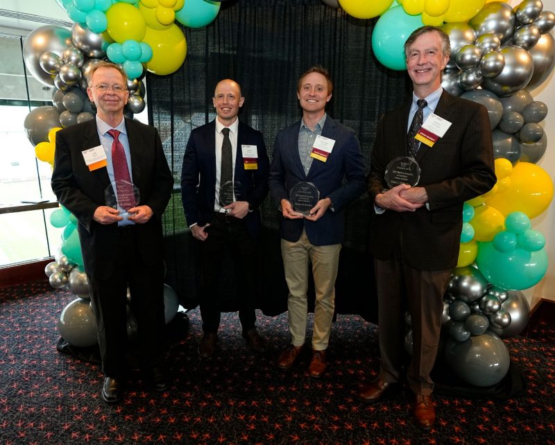 National Academy of Inventors (from left): Jeff Reed who accepted the award on behalf of Eric Burger, Steve Rowson, Michael Bartlett, and Rob McCarley. Photo by Lee Friesland
