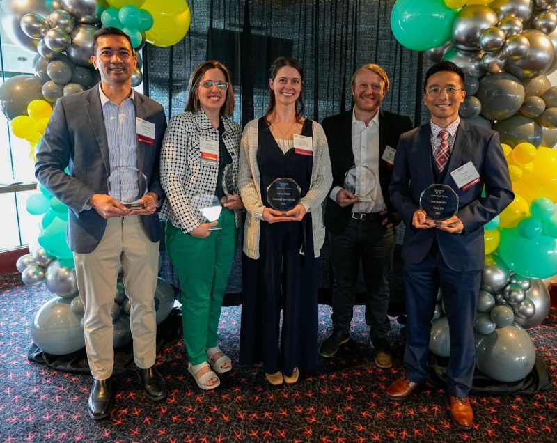 Startup Builders (from left): Webster Santos, Jennifer Munson, Jessica Cunningham, Spencer Marsh, and Feng Lin. Not pictured: Caleb Stine and Joseph Kubalak. Photo by Lee Friesland