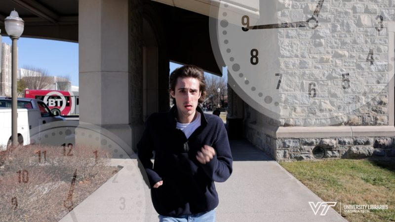Jack is running down the sidewalk to Newman Library surrounding by graphics of clocks.