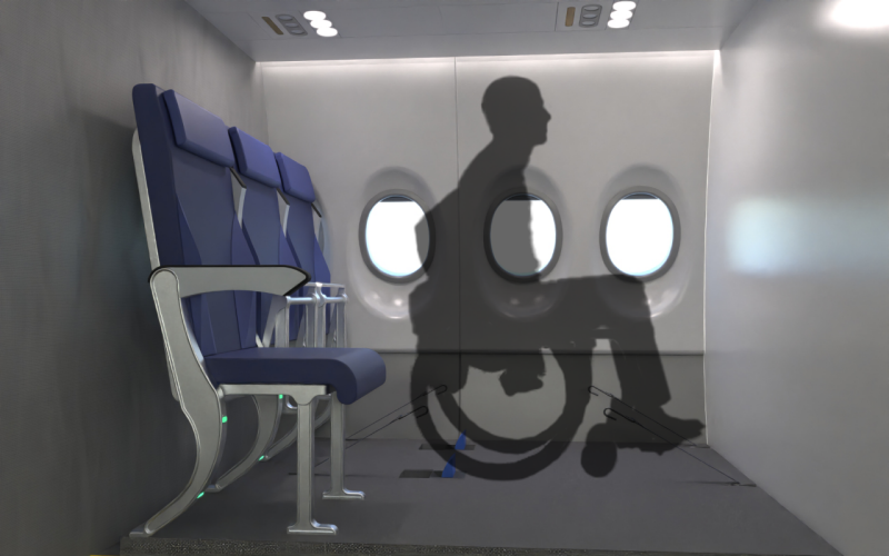 shadow figure in a wheelchair on CG airplane cabin