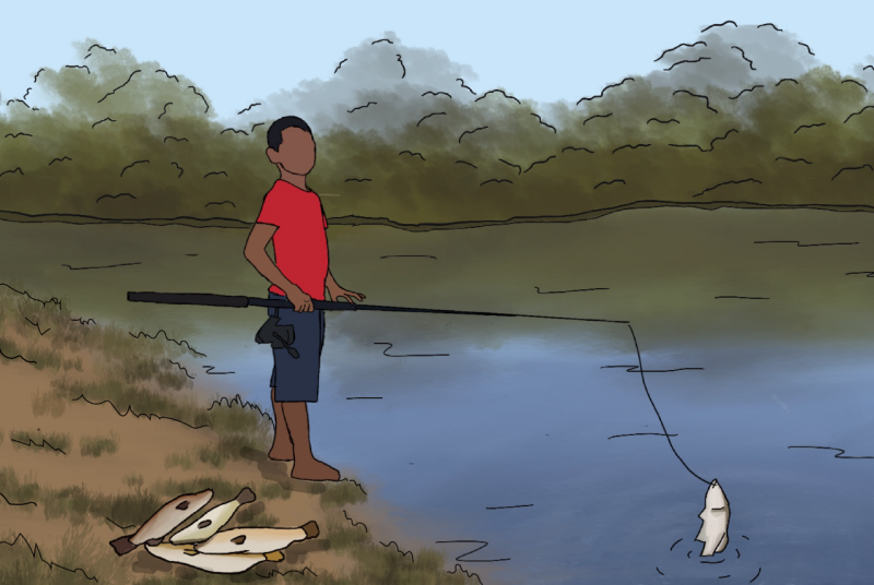 CNRE Nyboer Fisher An illustration of a person in a rural environment fishing with a long fishing pole.