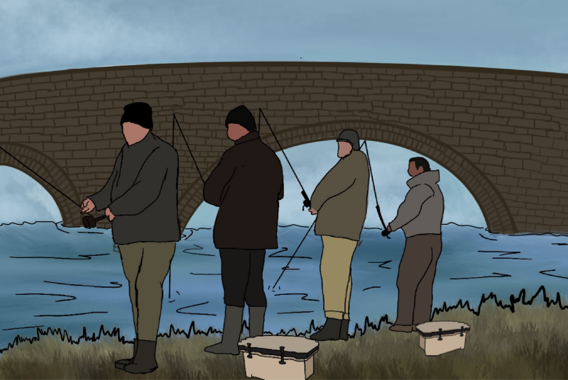 CNRE Nyboer Urban Fishing An illustration of people fishing alongside a bridge.