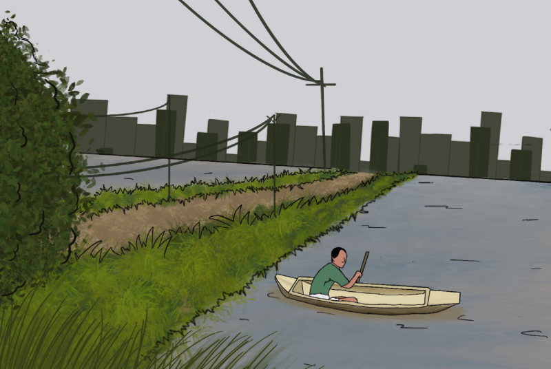 CNRE Nyboer Boat An illustration of a person fishing from a boat with a city behind them.