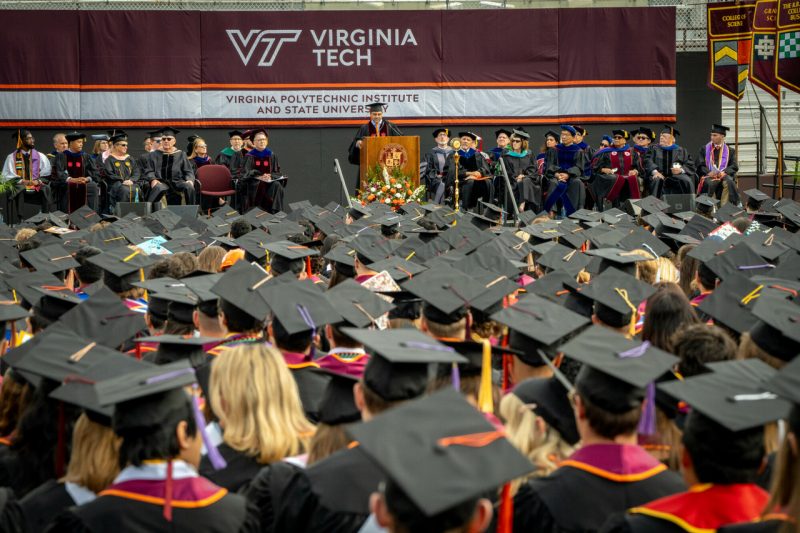 Virginia Tech alum Mehul Sanghani, gives the commencement speech at the Spring 2024 University Commencement ceremony in Blacksburg, Virginia. Photo by Clark Dehart.
