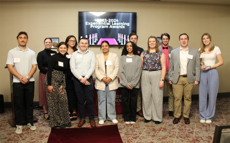 Back Row: Julia Ward, Hannah Finnell, Dante Stellar. Front Row: Haaris Khan, Hailey Coates, Kevin Jenks, Nandini Bhola, Rana Magzoub, Alyssa Henderson, Ethan Mauger, Cora Clark Photo by Kelly Shannon for Virginia Tech Winners and Supervisors of the 2024 Awards Celebration