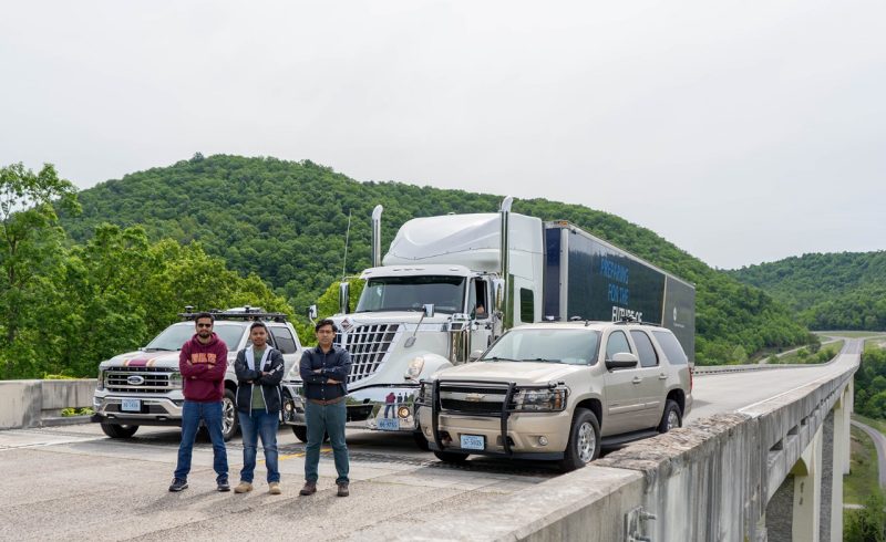 eng-aoe-abhijit-group From left, research associate Surendrabikram Thapa, doctoral candidate Sandesh Jain, and senior research associate Abhijit Srakar, demonstrate sensor fusion for autonomous systems at the Virginia Smart Road.