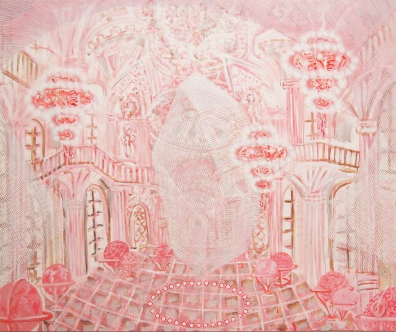 Michiko Itatani “Quantum Chandelier” painting from Tesseract Study 21-C-04 features a central, ornate chandelier emitting a soft, radiant pink glow. Surrounding the chandelier are swirling abstract shapes and dynamic forms in various shades of pink, red, and white, creating a sense of movement and energy. 