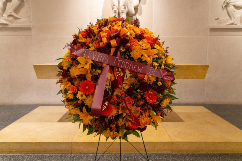 Memorial wreath for Irving Peddrew A memorial wreath for Irving Peddrew sits within War Memorial Chapel.