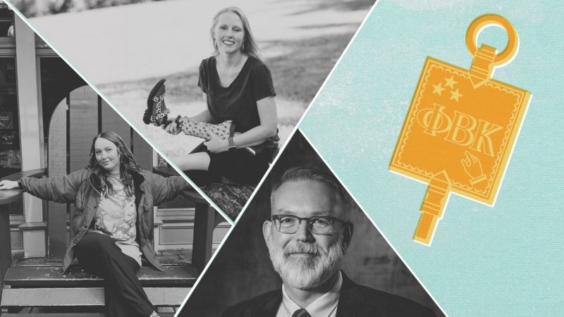 Collage of photos of Ella Moeltner, Ashley Shew, and Charles Nichols with an illustrated Phi Beta Kappa key