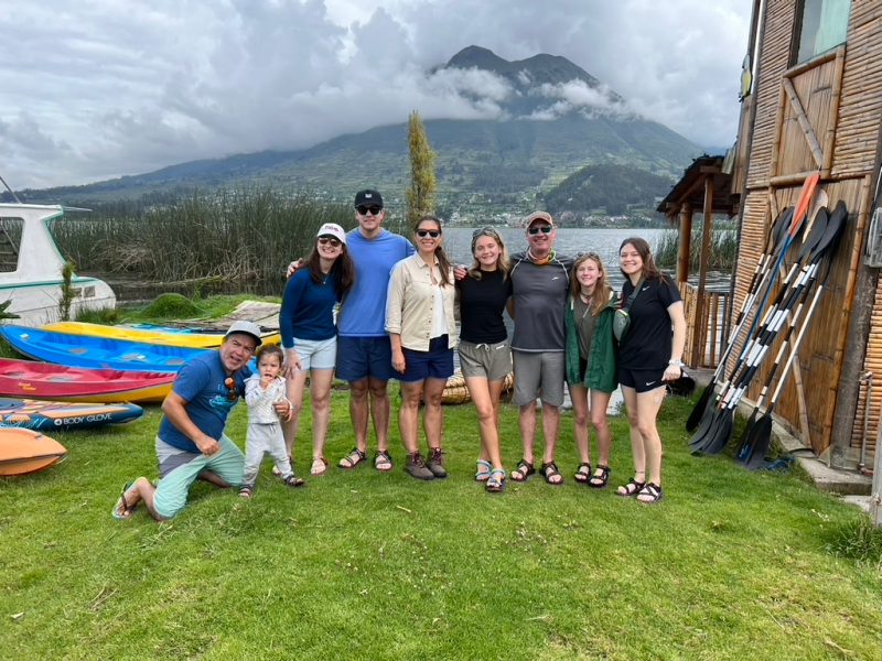 From left: Leo Zurita, Marina Eichenberger, Adam Clark, Maria Zurita, Bridget Crotty, Matt Eick, Alexa Marshall, and Ava Lambert on Lake Lago San Pablo. Photo by Matt Eick for Virginia Tech.