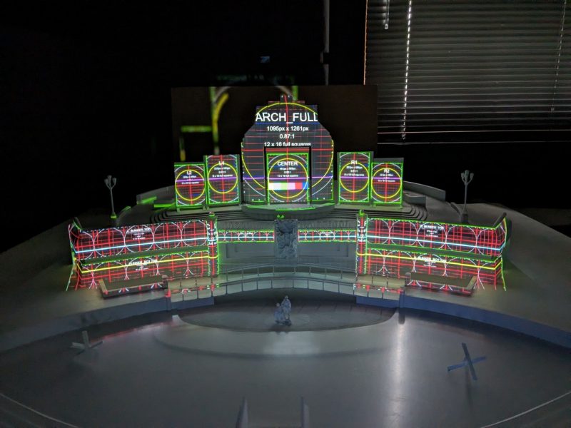 Projection testing on the 3D printed model of the Memorial Projection testing on the 3D printed model of the Memorial