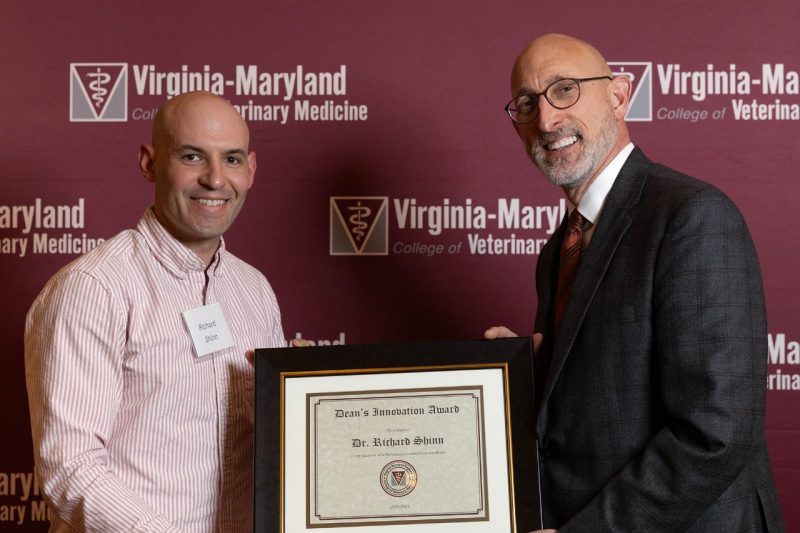 Faculty Awards 2024 Dean M. Dan Givens giving Dr. Richard Shinn the Dean’s Innovation Award at the Faculty Awards in April of 2024 at the Virginia Tech Inn.