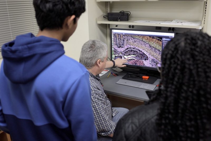 Two students looking at a computer screen with a man pointing to the screen