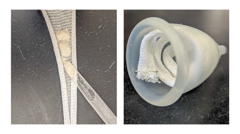 menstrualproductspics The photo on the left shows the stockinette coil with the powder, and the image at right is the menstrual cup with the powder-filled coil inside.