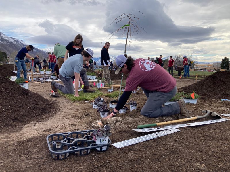 Students (from left) Ava Lambert, Burke Thompson, and Andon Greslick during the Landscape Plant Installation event. Photo courtesy of Scott Douglas for Virginia Tech.