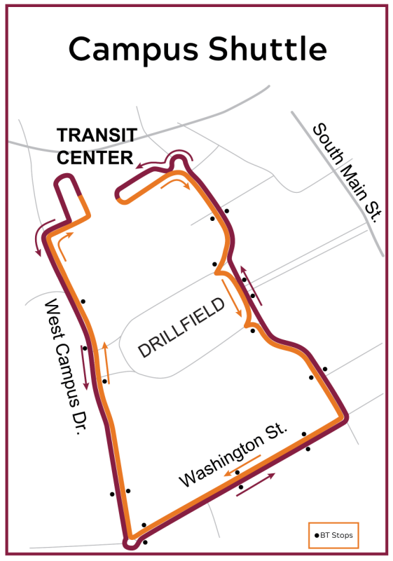 Diagram of Campus Shuttle highlighting orange and maroon loops