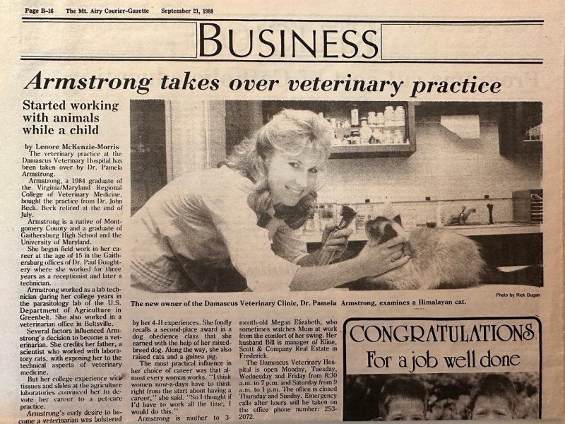 Pamela Armstrong Pamela Wykes Armstrong newspaper article on her taking over veterinary practice in 1988.