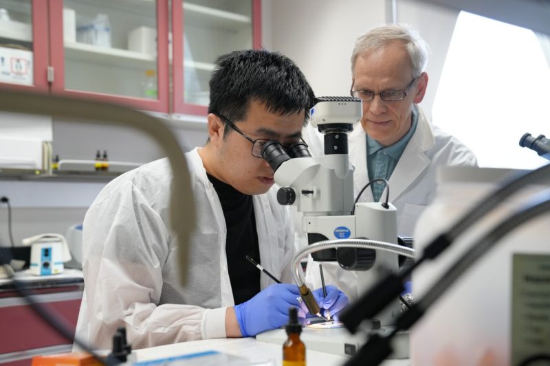 two men in white lab coats in front of a microscope.