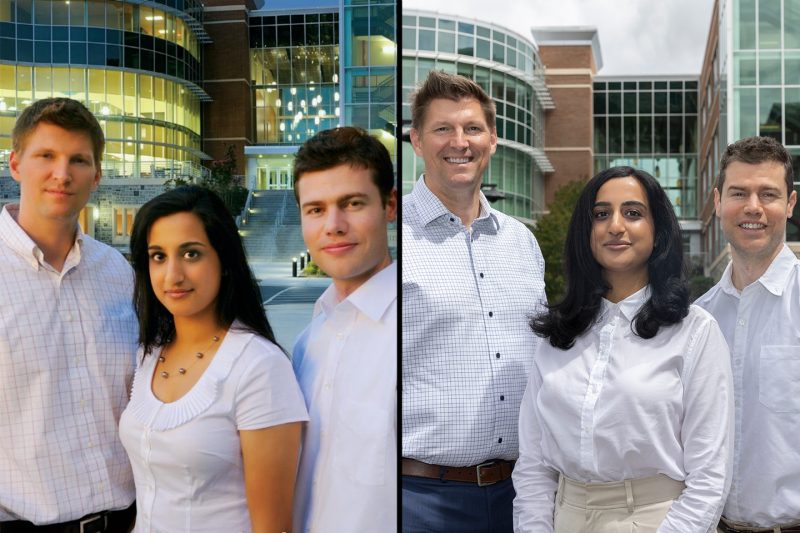 Charter class members (from left) Don Vile, Raeva Malik, and Robert Brown in 2014 (at left) and today.