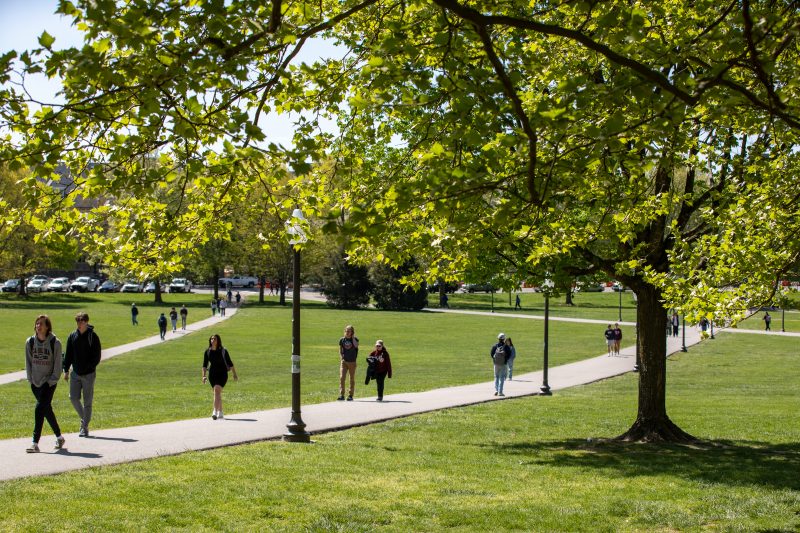 Students walk on pathways across the Drillfield. Bright green trees full of leaves line their path.