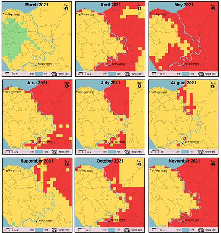 Heat map of Matlab, Bangladesh, using colors to illustrate levels of cholera risk.