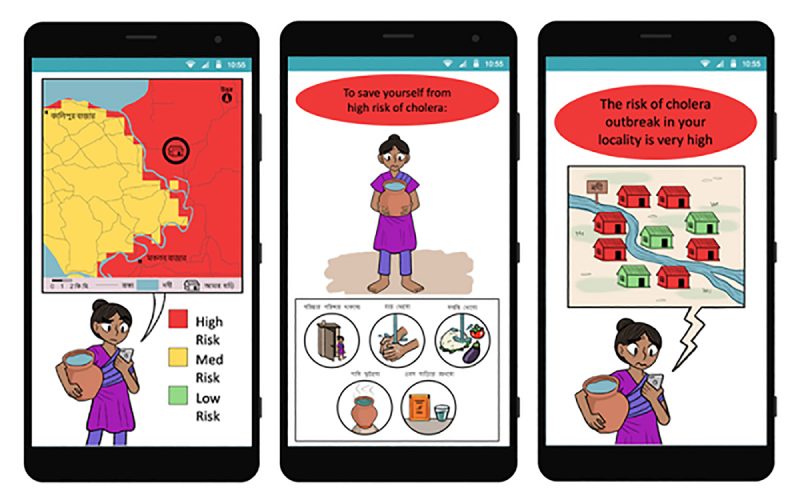 Screenshots from the CholeraMap smartphone application, showing color coded threat levels of cholera.