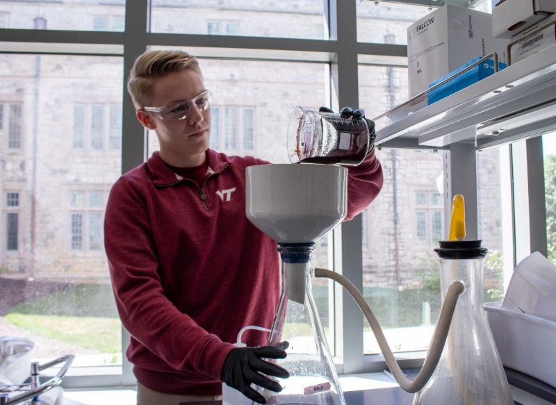 A student pouring a liquid into a beaker in a lab.