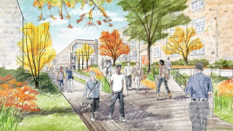 A rendering of people walking on a pathway past Burruss Hall