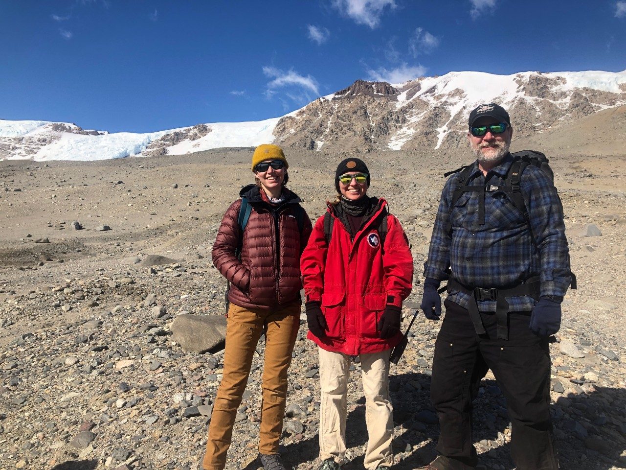 (From left) Ph.D. candidate Sarah N. Power, graduate student Meredith Snyder, and Professor J.E. “Jeb” Barrett, in Taylor Valley, one of the McMurdo Dry Valleys in Antarctica, in January 2023. Power and Snyder, along with Barrett, are among the authors of the Earth’s Future journal article. 