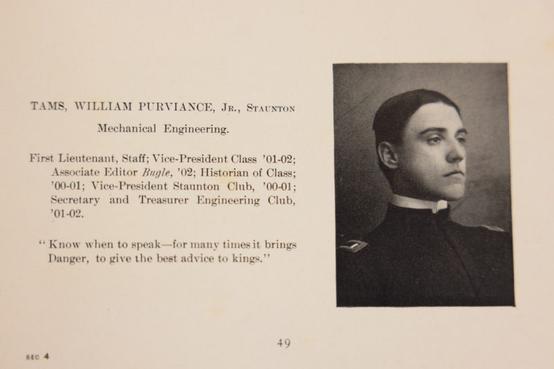 The portrait of William Tams Jr. from the 1902 Bugle. Photo by Chase Parker for Virginia Tech.