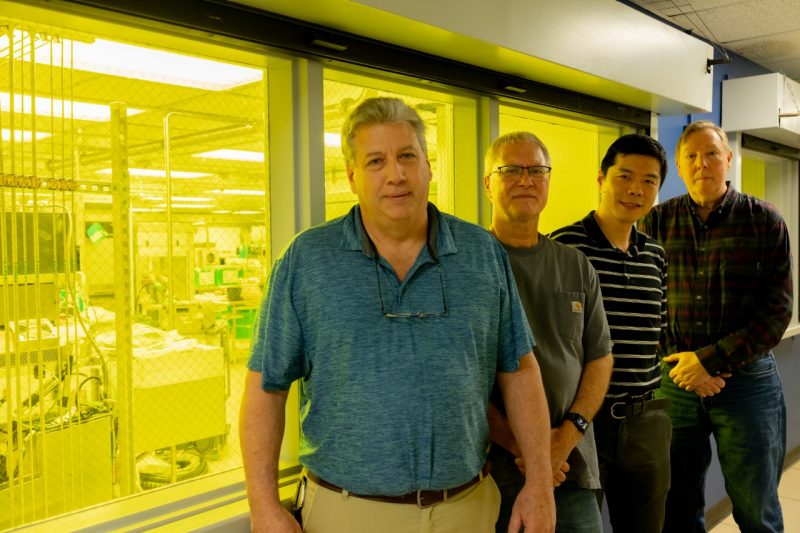 ECE clean room update team Rick Johnston, Mark Hollingsworth, Wei Zhou, and Don Leber all helped to ensure the clean room will open on time.Photo by Ben Murphy for Virginia Tech.