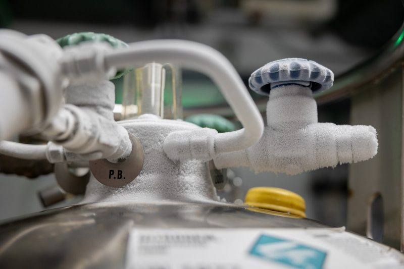 ECE Clean Room Liquid Nitrogen Close-up shot of a nozzle with ice on it in the clean room. Photo by Ben Murphy for Virginia Tech.