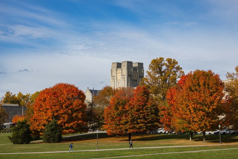 Three large trees with orange and red leaves, as if in autumn, and the towers of Burruss Hall poking up behind them. Two people, small due to the photo's perspective, walk along a sidewalk in the foreground.