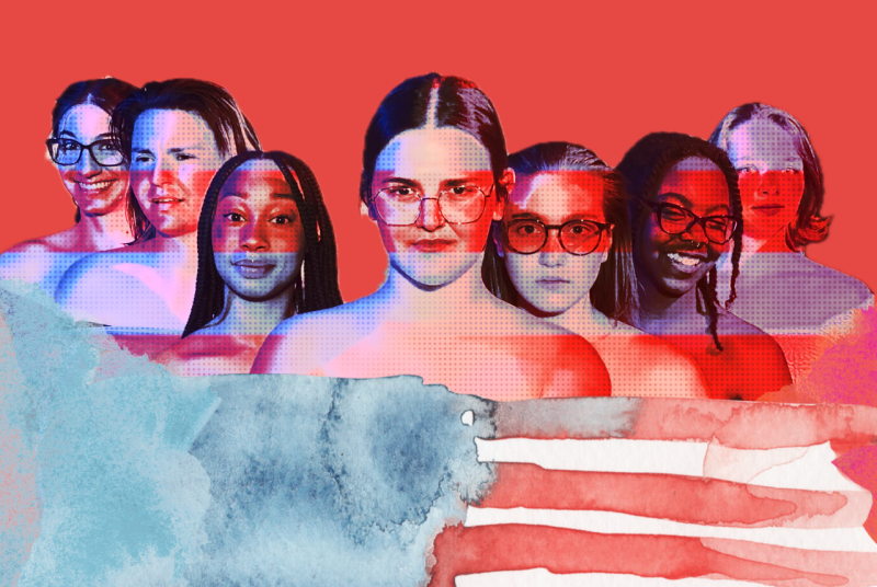 POTUS Seven women stand together with a watercolor American flag in front of them