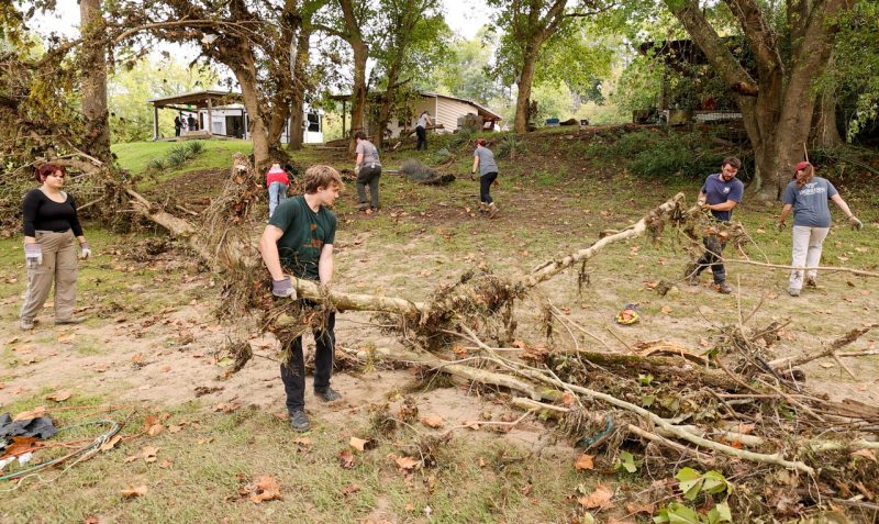 Students picking up limbs in Giles